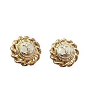 Vintage 1980s Clip On Earrings Ivory Gold Color Metal Nautical Anchor Button DG